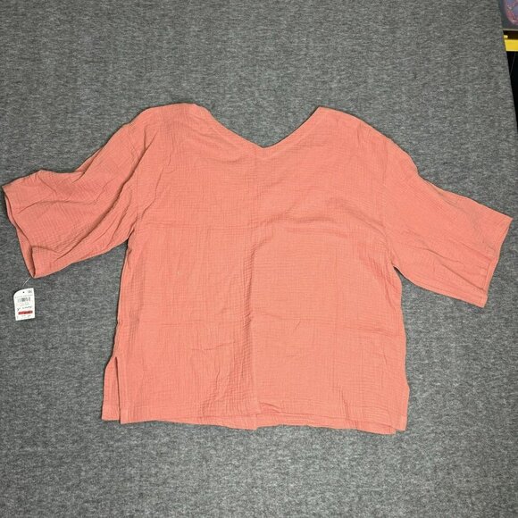 JM Collection XL Burnt Coral Woven‎ Top Gem Embellishments V-Neck Short Sleeves - Picture 2 of 7